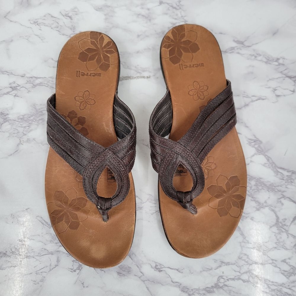 Merrell Mahogany Brown Leather Straps Women's Toe Post Sandals Flip Flops Thongs